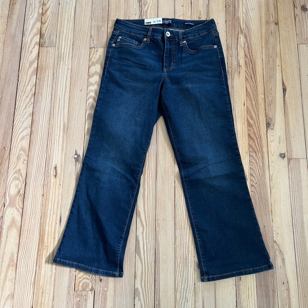 Chaps Mid Rise Crop Kick Jeans Womens 8/29 Dark Wash Blue Stretch Denim Flare